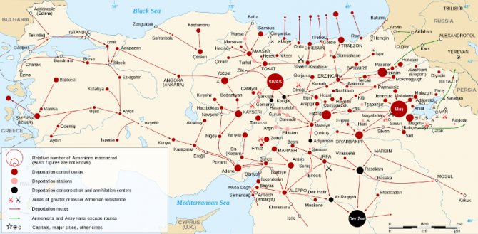 Mapa zločina počinjenih od strane Turaka nad Jermenima tokom Prvog svetskog rata. Foto: Wikimedia Commons/Sémhur