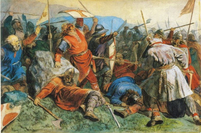 Smrt Svetog Ulava tokom Stiklestadske bitke, slika Petera Nikolaja Arboa. Foto: Wikimedia Commons