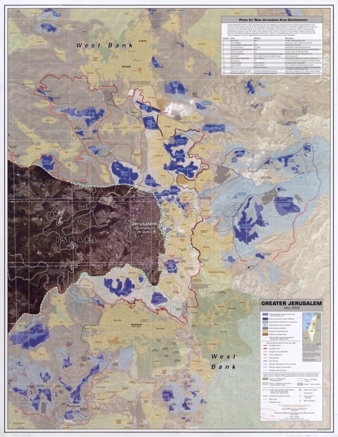 Šire područje Jerusalima sa svim spornim elementima uključujući ilegalna jevrejska naselja i zidove. Foto: Wikimedia Commons/CIA/Timeshifter