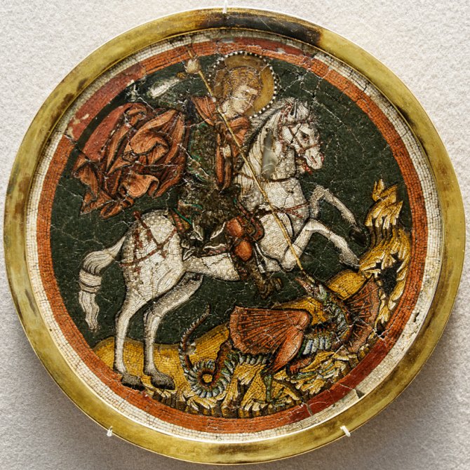 Sveti Đorđe ubija aždahu, vizantijski prenosni mozaik iz prve polovine XIV veka. Foto: Wikimedia Commons/Marie-Lan Nguyen (2011)