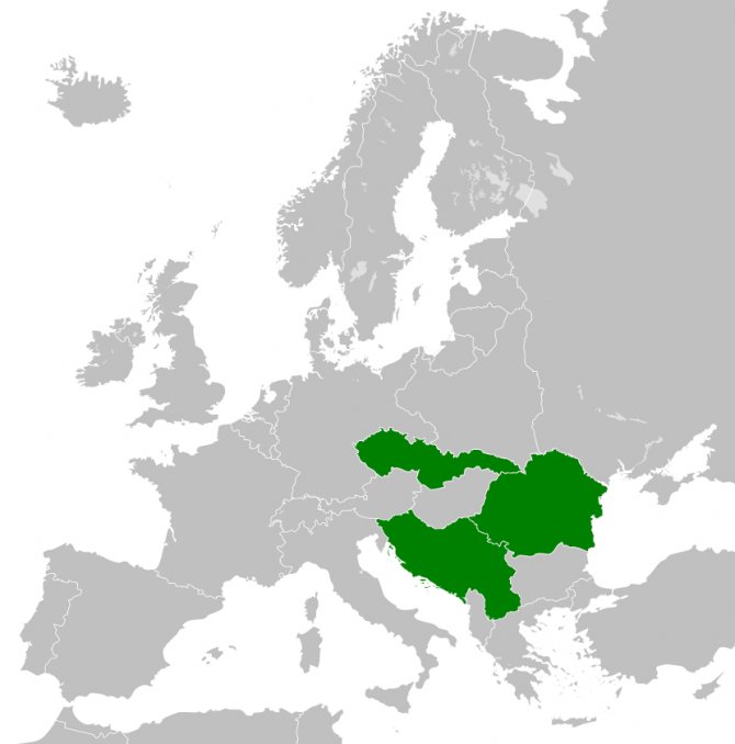 Mala Antanta obojena zeleno na međuratnoj karti Evrope. Foto: Wikimedia Commons/Tschechoslowakei