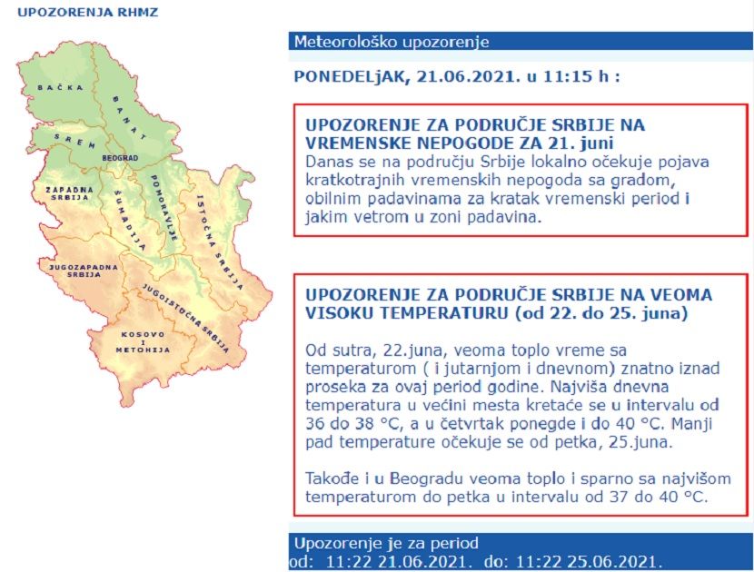 RHMZ upozorio Stižu nepogode sa gradom i obilnim pljuskovima Za