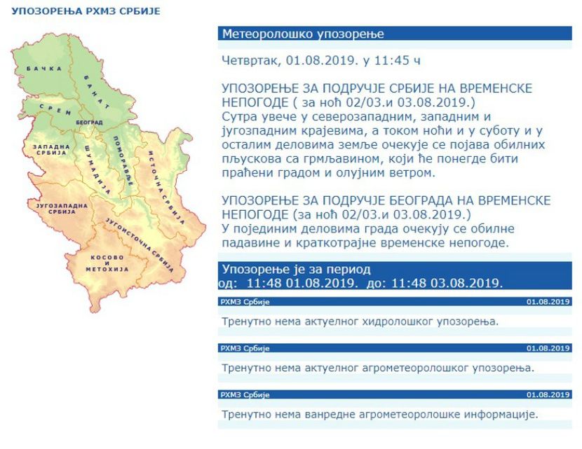 RHMZ, upozorenje, nevreme RHMZ, upozorenje, nevreme