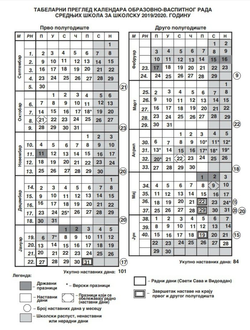 Školski kalendar Školski kalendar