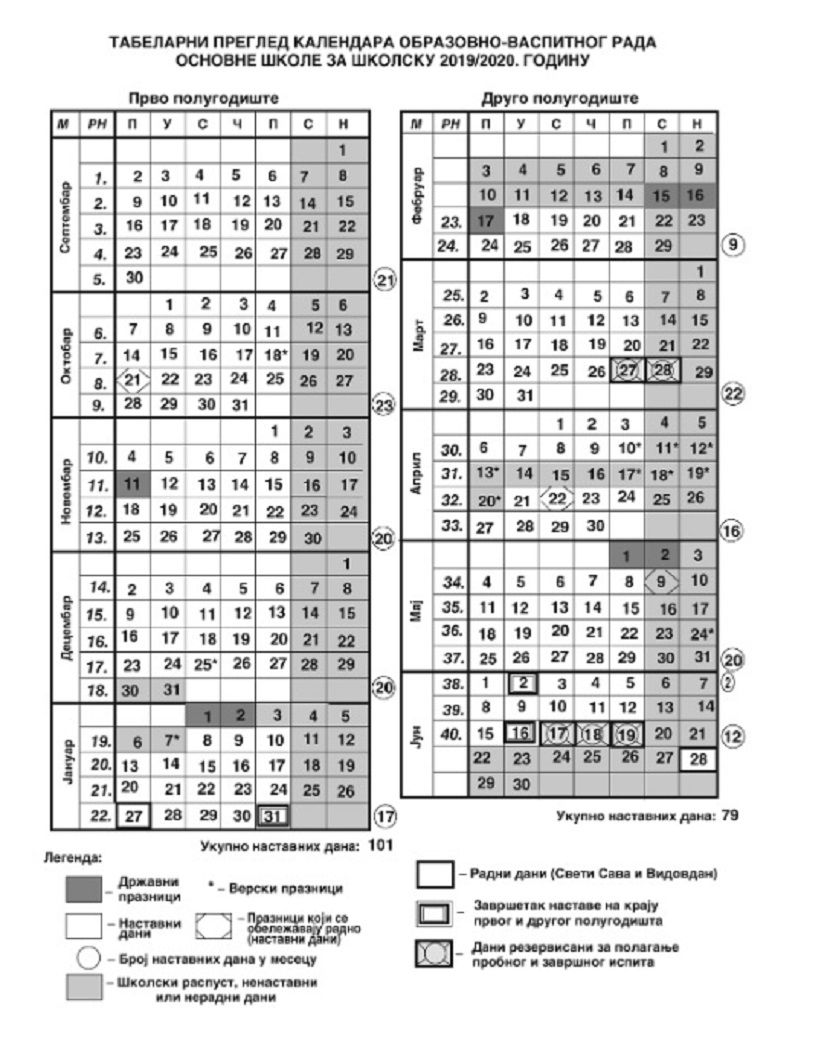 Školski kalendar Školski kalendar