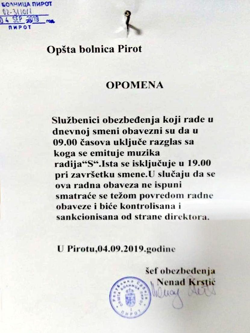 Obaveštenje, Opšta bolnica Pirot Obaveštenje, Opšta bolnica Pirot