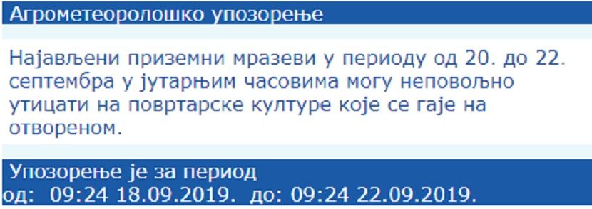Agrometeorološko upozorenje Agrometeorološko upozorenje