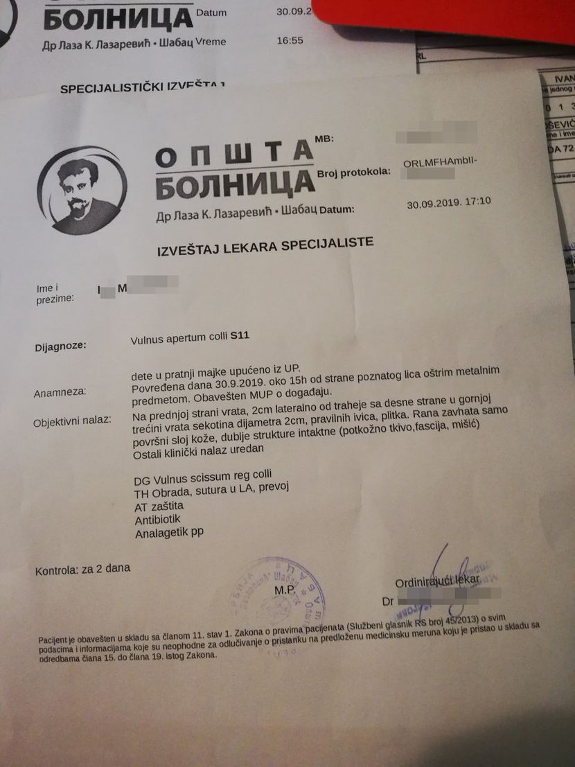 Iva Milosevic, devojica posecena makazama, sabac, vrtic, povreda, izvestaj lekara specijaliste Iva Milosevic, devojica posecena makazama, sabac, vrtic, povreda, izvestaj lekara specijaliste