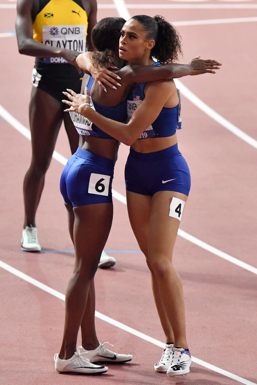 Dalila Muhamad i Sidnej Meklolin, 400m prepone svetski rekord 5, Doha 2019 Dalila Muhamad i Sidnej Meklolin, 400m prepone svetski rekord 5, Doha 2019