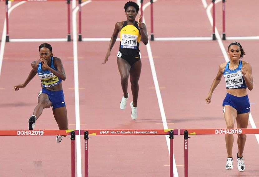 Dalila Muhamad i Sidnej Meklolin, 400m prepone svetski rekord 5, Doha 2019 Dalila Muhamad i Sidnej Meklolin, 400m prepone svetski rekord 5, Doha 2019