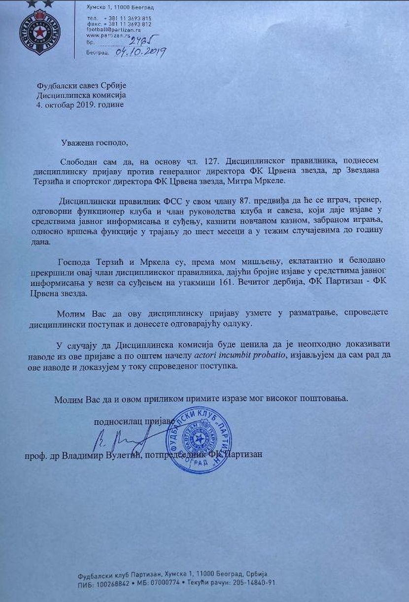 Tužba Partizana protiv Zvezde Tužba Partizana protiv Zvezde