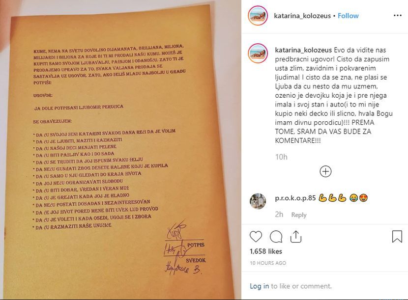 Ljuba Perucica, Katarina Kolozeus, predbračni ugovor Ljuba Perucica, Katarina Kolozeus, predbračni ugovor