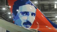 Painting of Air Serbia's plane with Tesla's image: 19 shades of blue color alone used to create it