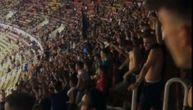 Shkupi fans from North Macedonia chant "Die Serbia" during a football game against Dinamo Zagreb