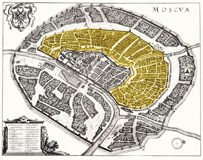 Na ovoj karti Moskve iz sredine 17. veka, Beli grad je oznacen zutom bojom