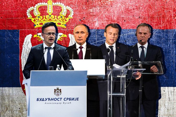 Peter Sijarto, Vladimir Putin, Emanuel Makron, Donald Tusk