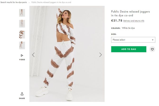 Tie-dye pants sold online by ASOS