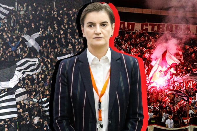 Ana Brnabić između navijača Zvezde i Partizana