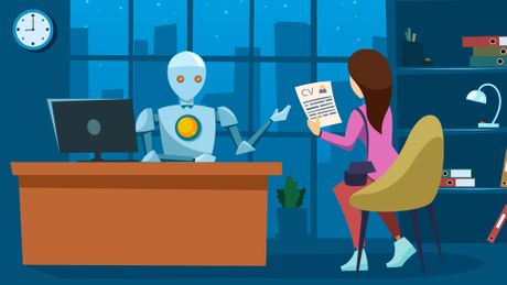 Robot intervjuiše ženu, razgovor za posao, Veštačka inteligencija Robot intervjuiše ženu, razgovor za posao, Veštačka inteligencija