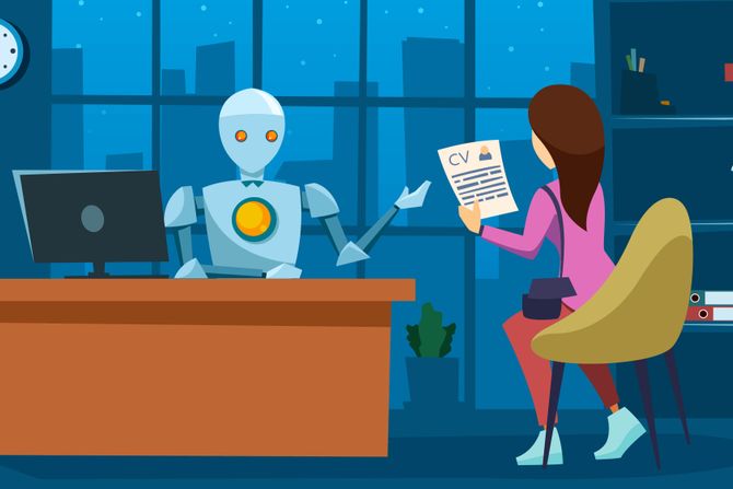 Robot intervjuiše ženu, razgovor za posao, Veštačka inteligencija Robot intervjuiše ženu, razgovor za posao, Veštačka inteligencija