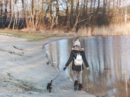 Slušalice, devojka, šetnja pas, zima, hladno vreme, kućni ljubimac