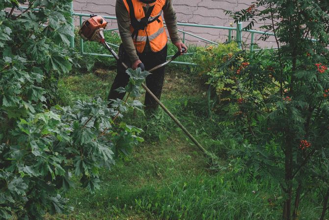 Radnik kosi travu, košenje trave, kosilica Radnik kosi travu, košenje trave, kosilica