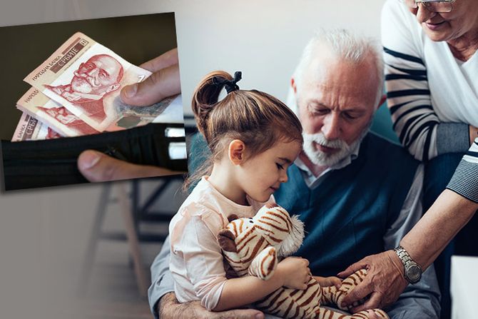 novac pare, dinari, plaćanje, hiljadarka, hiljadu dinara, Srecna porodica, familija, baba i deda baka deka unuk, unuče