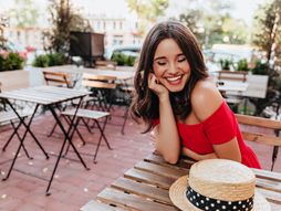 devojka, žena, kafić, smeh, crveno, sedi