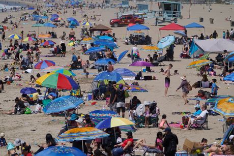 Leto plaža ljudi more suncobrani odmor
