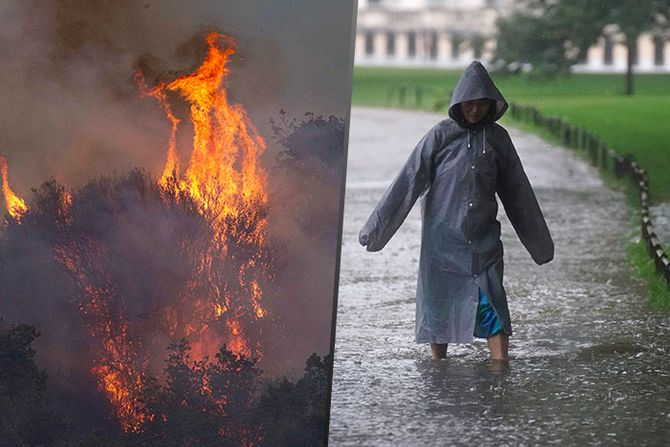 Britanija kiša poplave, Italija požari