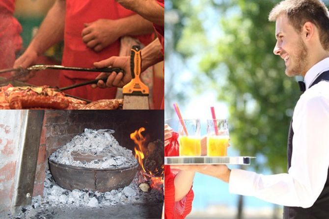 Zanimanje zanimanja konobar pečenje mesa ispod sača radnik na roštilju