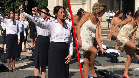 Alitalia flight attendants strip off uniforms in protest stjuardese Rim Fičer