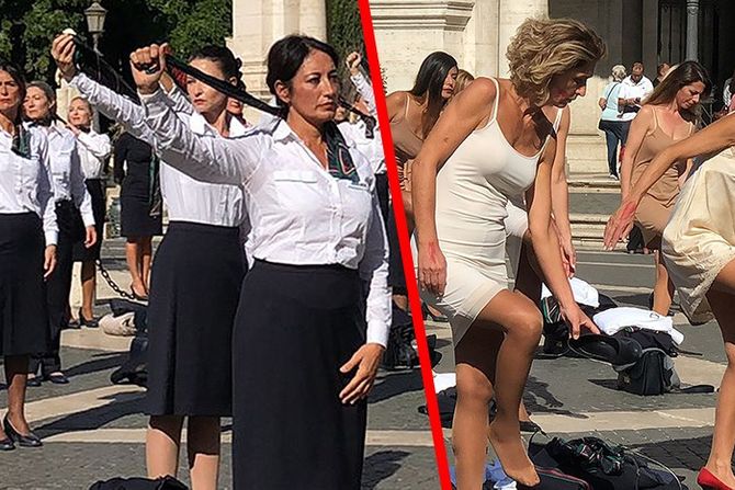 Alitalia flight attendants strip off uniforms in protest stjuardese Rim Fičer