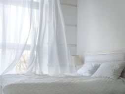 Zavese, soba, spavaća soba, krevet, posteljina