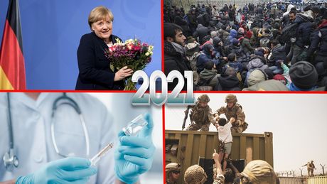 Kolaž 2021 godina, Angela merkel, migranstka kriza, Avgamistan, vakcina