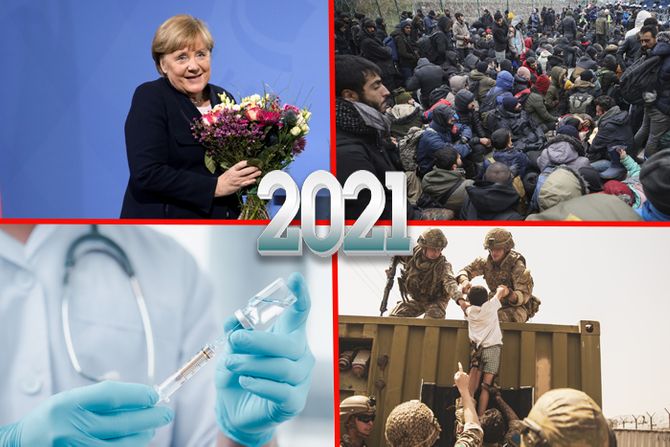 Kolaž 2021 godina, Angela merkel, migranstka kriza, Avgamistan, vakcina