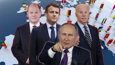 Rusija Ukrajina, Olaf Šolc, Emanuel Makron, Džo Bajden i Vladimir Putin