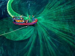 Pecaroši ribolovci love ribu mrežom u okeaku