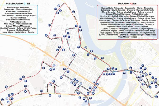 mapa, beogradski maraton, Trasa maratona i izmene u saobraćaju i javnom prevozu