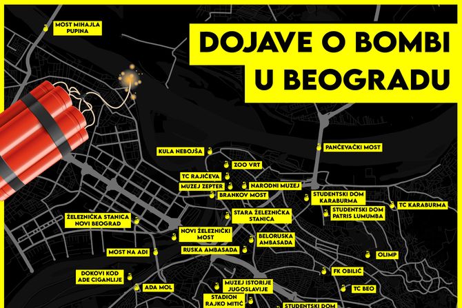 Bomba, dojava o postavljenim bombama u Beogradu, Mapa Bomba, dojava o postavljenim bombama u Beogradu, Mapa