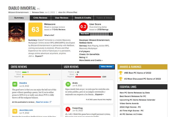 Diablo Immortal Metacritic