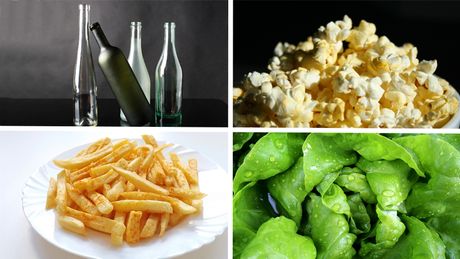 Staklene flaše, kokice, pomfrit i zelena salata