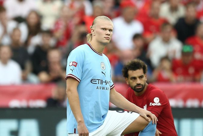 Erling Haland, Mohamed Salah, FK Liverpul - FK Mančester Siti Erling Haland, Mohamed Salah, FK Liverpul - FK Mančester Siti