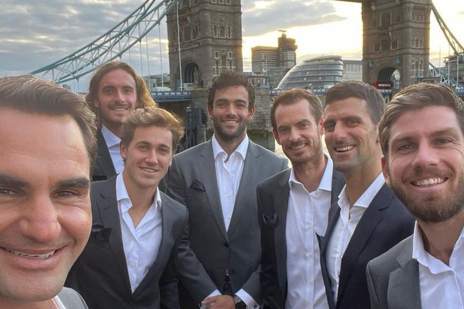 Rodžer Federer, Kameron Nori, Novak Đoković, Endi Mari, Mateo Beretini, Kasper Rud, Stefanos Cicipas, London, Lejver Kup 2022 Rodžer Federer, Kameron Nori, Novak Đoković, Endi Mari, Mateo Beretini, Kasper Rud, Stefanos Cicipas, London, Lejver Kup 2022