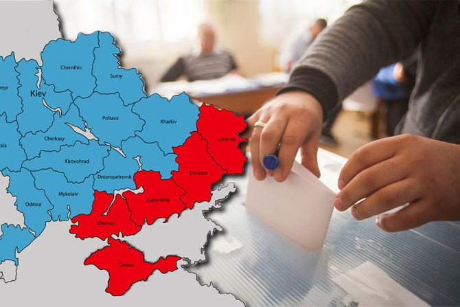 Glasanje, Mapa Ukrajine, regioni Donbas, Lugansk, Zaporozje i Herson