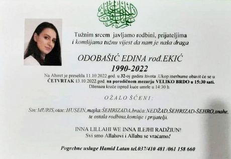 Smrtovnica umrlica Edina Odobašić Ekić