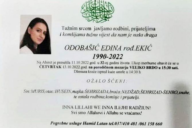 Smrtovnica umrlica Edina Odobašić Ekić