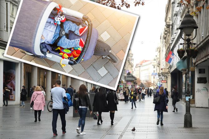 Knez Mihajlova, zid, beba u kolicima