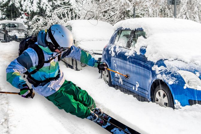 Zima sneg mećava zavejani automobili kola skijaš, skijanje