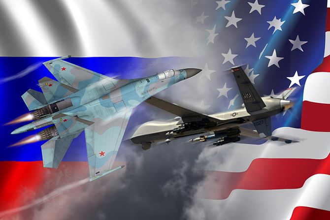 US MQ-9 Reaper drone američki borbeni dron, Russian Su 27 flanker ruski borbeni avion